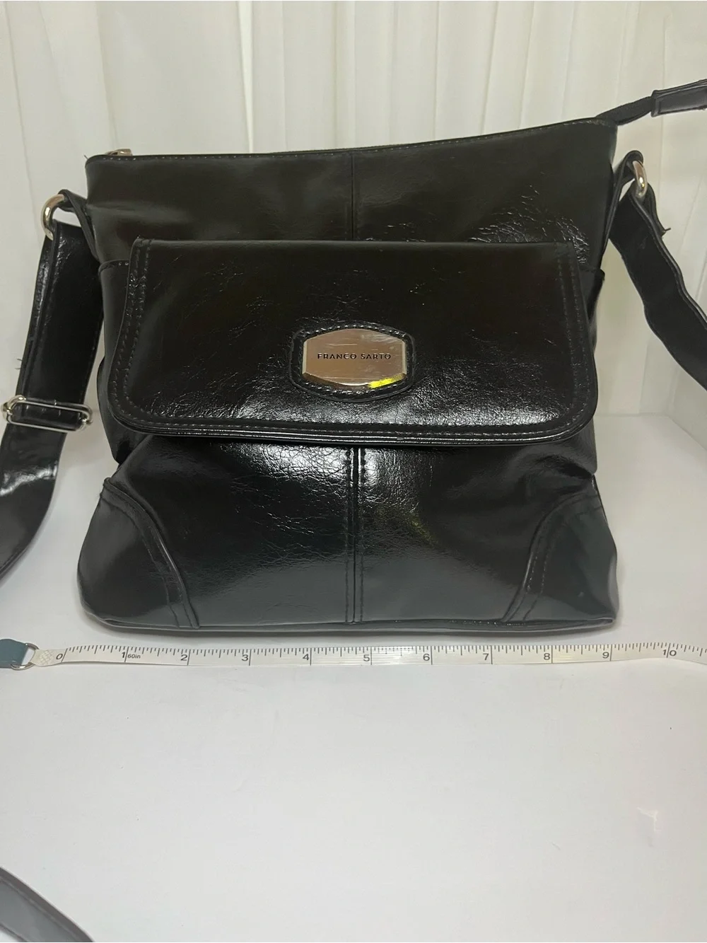 Franco Sarto Shiny Black Leather Messenger Bag